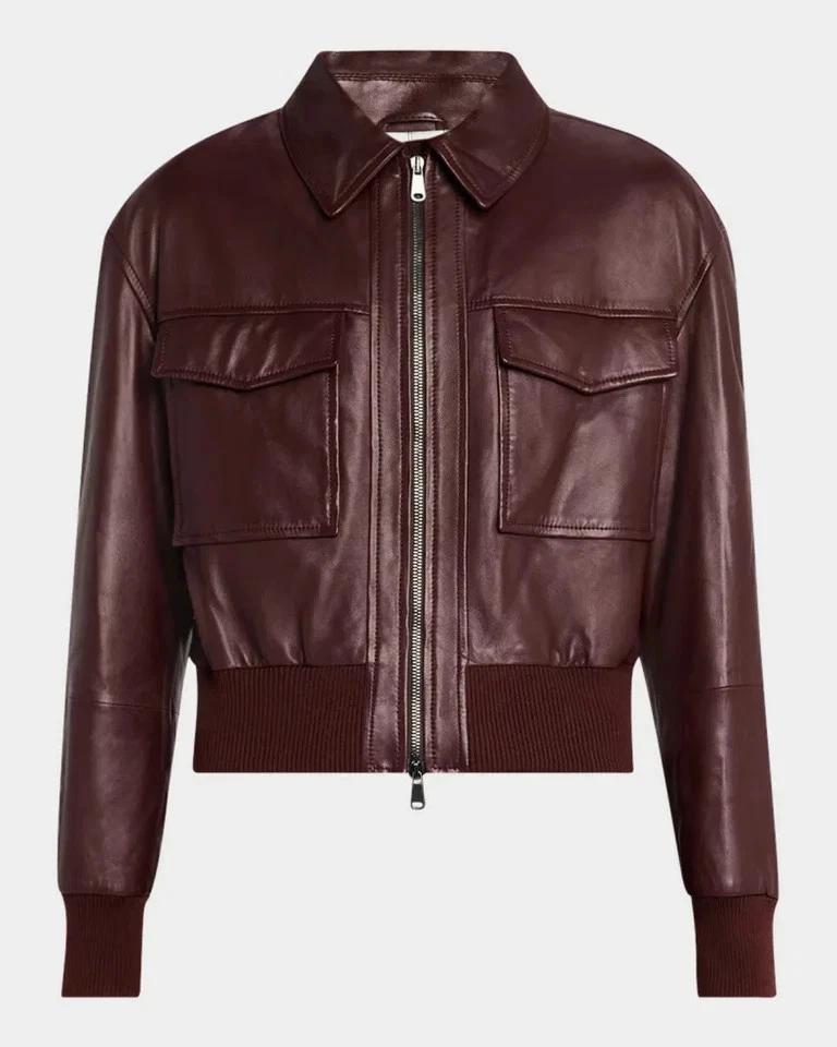 Odzież damska Kurtka codzienna Prawdziwa Ręcznie robiona Stylowa Skóra jagnięca Burgundowa skóra