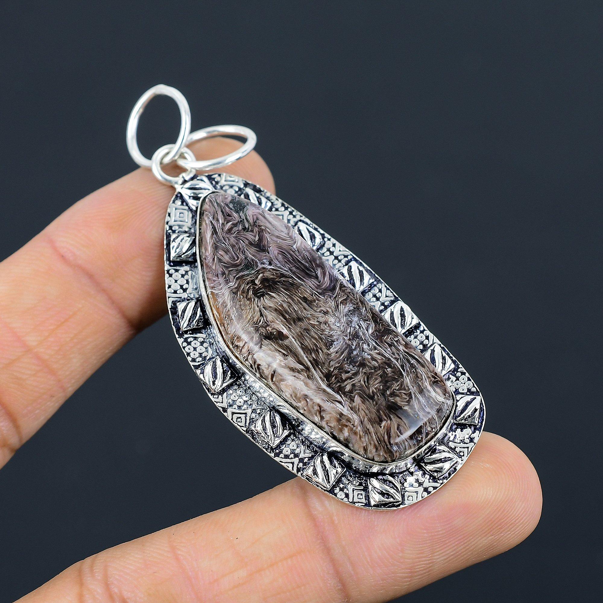 

Daughters Day Deal Sterling Silver Pear Natural Charoite Engagement Boho Pendant