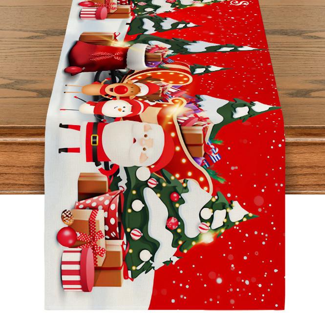 Linen Christmas Table Flag with Snowman & Santa Prints - Festive Table Mat Decorations
