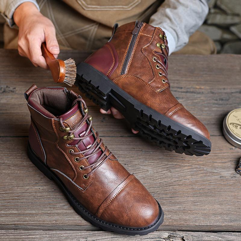 

Amazon s new zipper men s leather boots tooling Martin boots men s retro British fashion high-top boots 39 коричневый