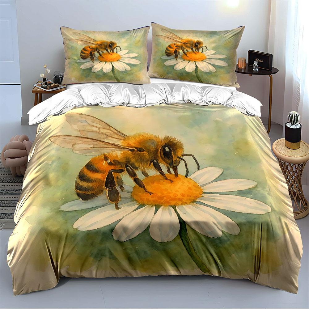 Bee on Daisy Watercolor Print Bedding Duvet Cover Set Duvet Cover Pillowcases (1*Duvet Cover 2*Pillowcases, without duvet insert)