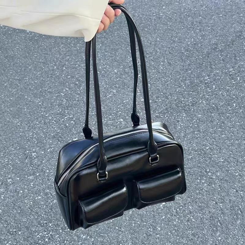Korean Retro Wax Leather Bowling Shoulder Bag with Multi-Pockets