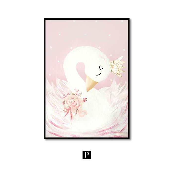 Pink Nursery Girl Flower Wall Art Canvas Painting Horse Swan Nordic Posters and Prints Wall Pictures for Living Room Kids Room