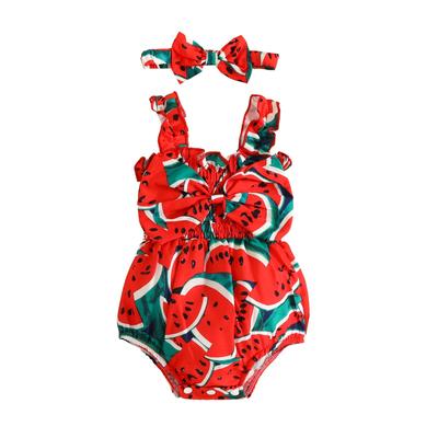 Kombinezon dla malucha Baby Girl Summer Ruffle Arbuz Print Bow Pajacyki bez rękawów i z pałąkiem na głowę