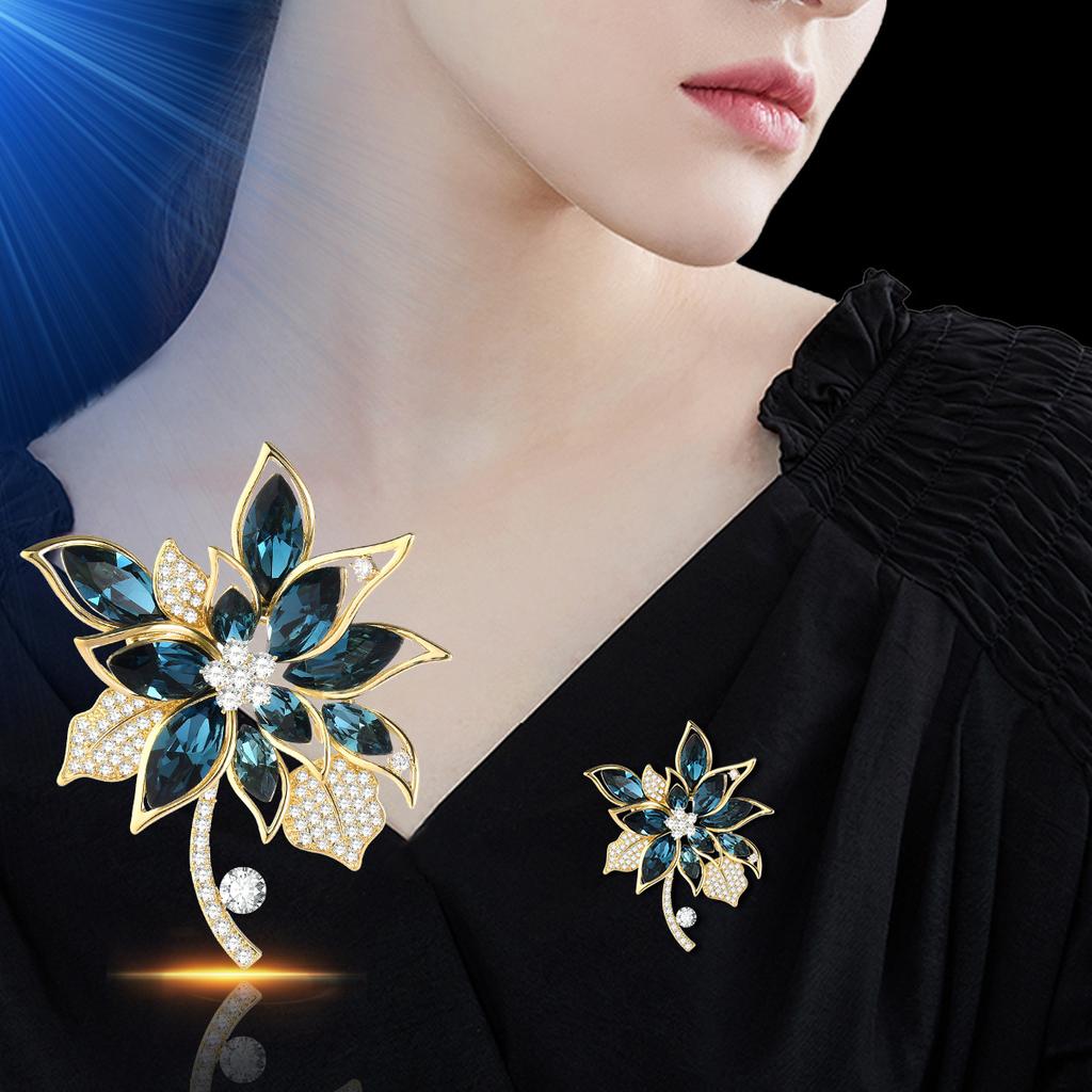 Autumn And Winter New Korean Version Crystal Brooch Blue Women'S Corsage Slightly Inlaid Zircon Copper Gold-Plated Pin Clothing Accessories
