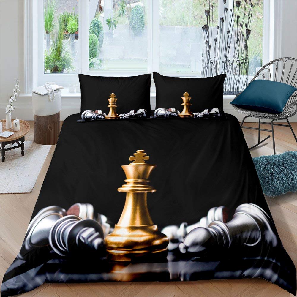 International Chess Duvet Cover Set Queen Size Chess Lovers Bedding Set for Boys Adults Microfiber Black Base 2/3pcs Quilt Cover
