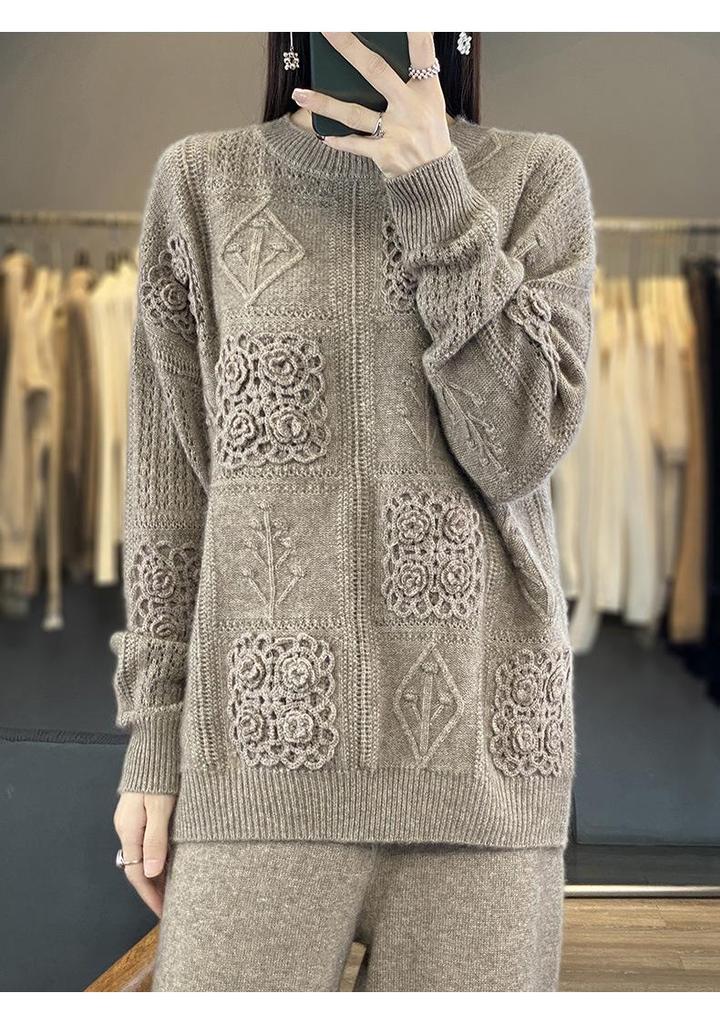 2025 Autumn/Winter Women's Loose Crochet Sweater, 100% Australian Wool, Low Round Neck, Trendy Korean Lazy Style