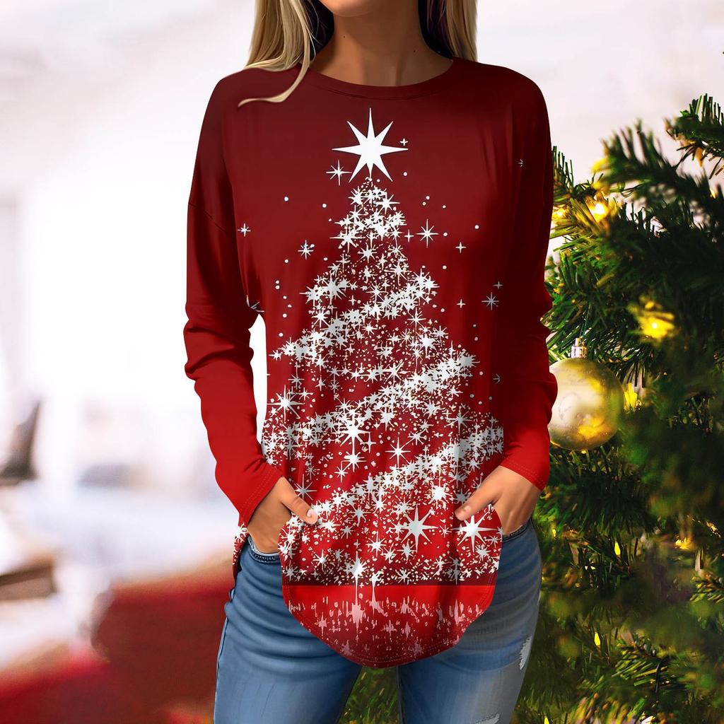 Γυναικείο T-shirt με 3D στάμπα χιονονιφάδας χριστουγεννιάτικου δέντρου, στρογγυλή λαιμόκοψη, μακρυμάνικο, casual μακρυμάνικο τοπ