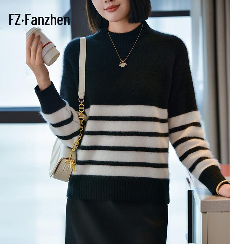 

Women s 100% Wool Half-High Neck Striped Knit Sweater XL