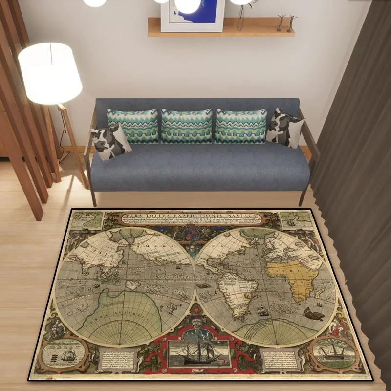 World Map Rug European and American Retro Dirty Resistant Easy Cleaning Flannel Carpet Living Room Bedroom Mat Home Decor New