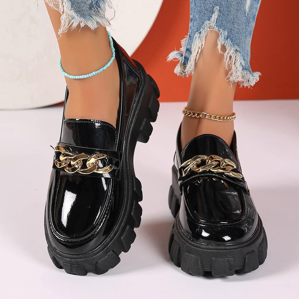 Fashion New Retro Metal Buckle Loafers for Women Spring Autumn Black Slip On Comfortable Pumps Thick Soled Females Casual Heeled Shoes