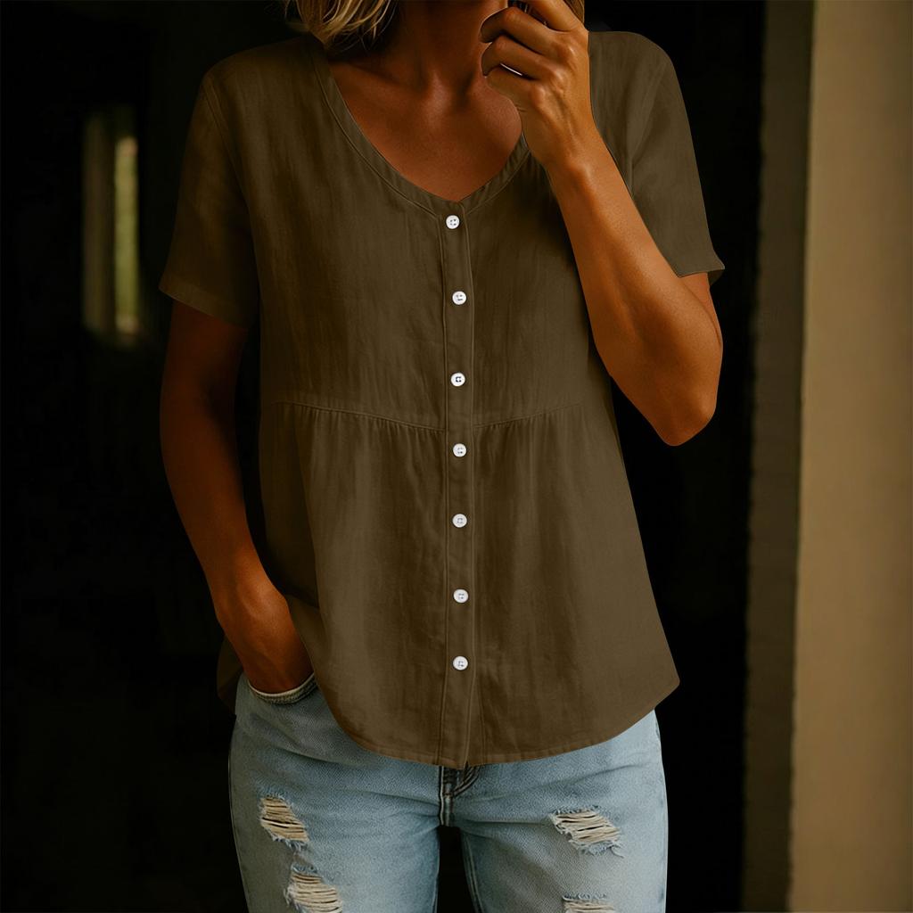 Women's Fashion V-Neck Button-Down Short-Sleeve -Color Casual Top