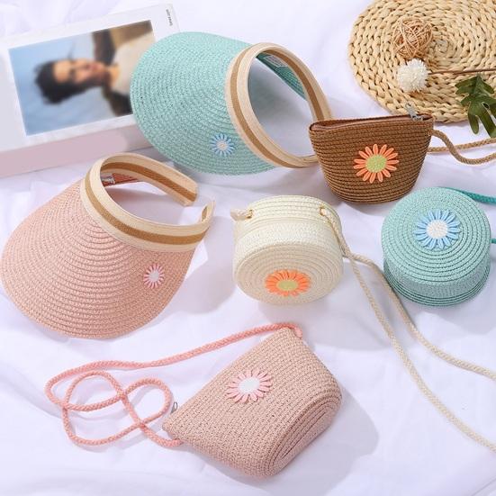 Children Shoulder Bag Straw Woven Flower Decor Pastoral Style Crossbody Bag Zipper