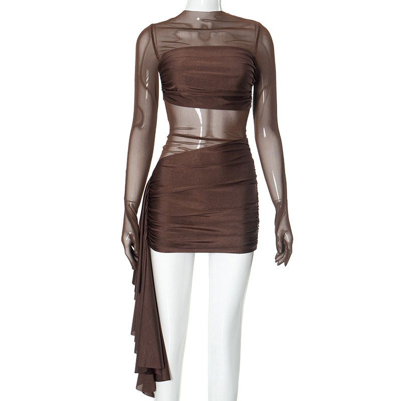 

Y24Ds531 European and American Cross-Border Women s Clothing Autumn New Style Sexy Mesh See-Through Long-Sleeved Slim-Fitting Short Dress with Ribbons Brown S