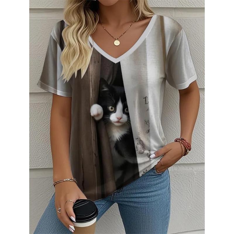 3D Printed Women's V-neck T-shirt with Kitten Pattern Versatile Summer Fresh Women's Edition T-shirt Breathable Machine Washed Outdoor Top