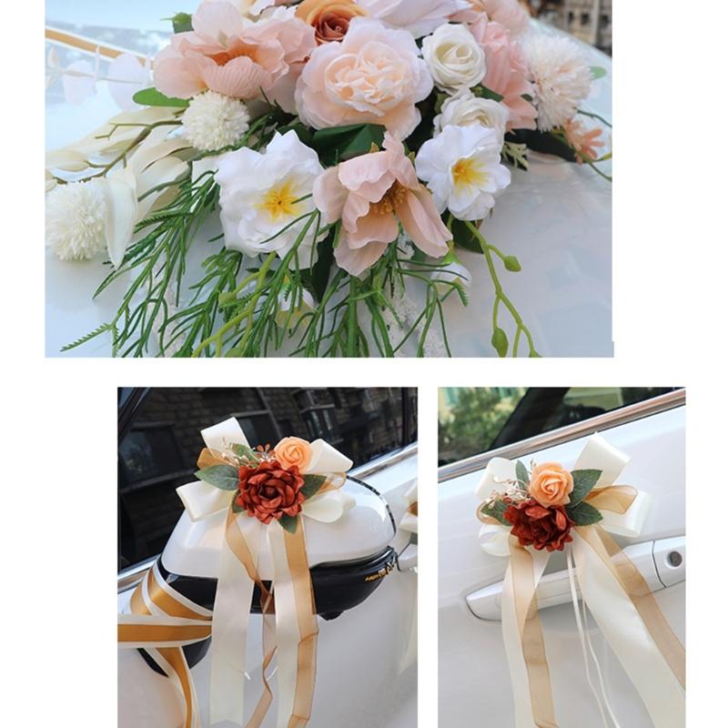 Wedding Car Decoration 7Pieces Set with Realistic Artificial Flower for Car Decors included Rearview Mirror and Doorknob