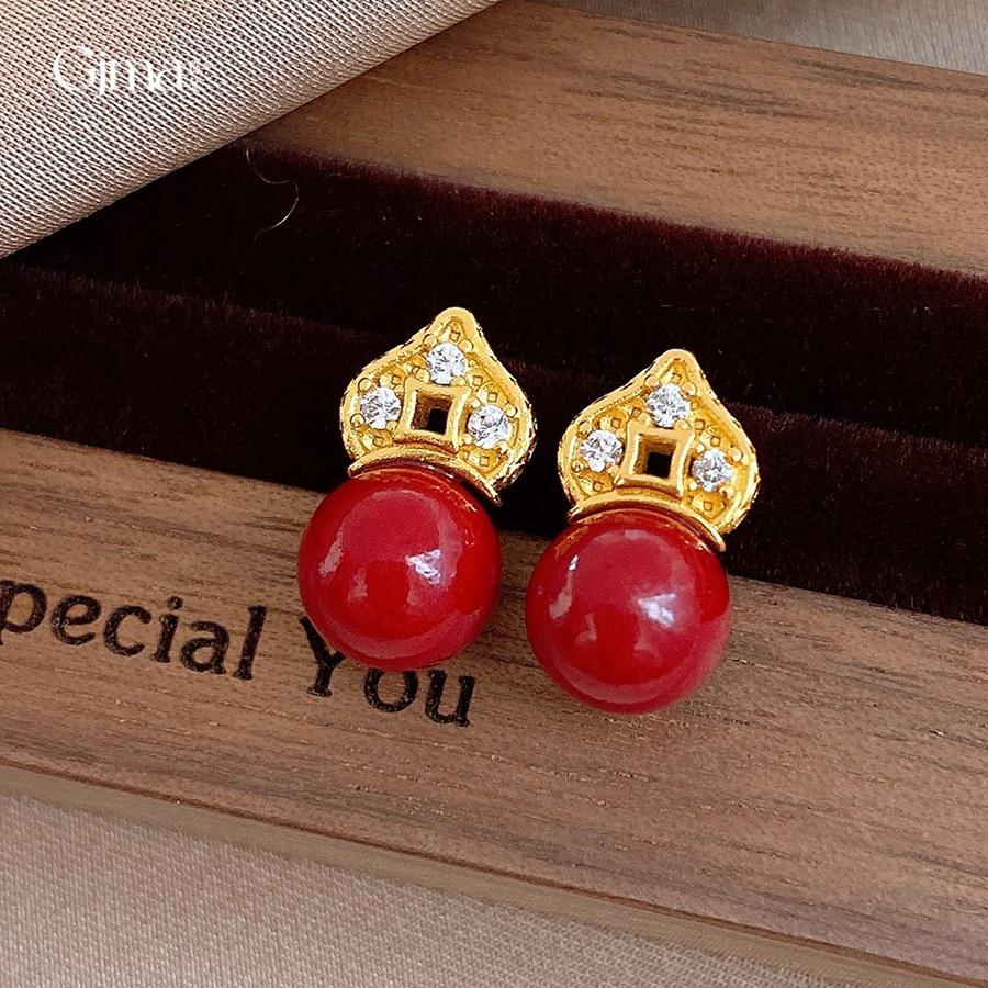 18k real gold electroplated new Chinese zircon copper coin red bead earrings retro simple earrings