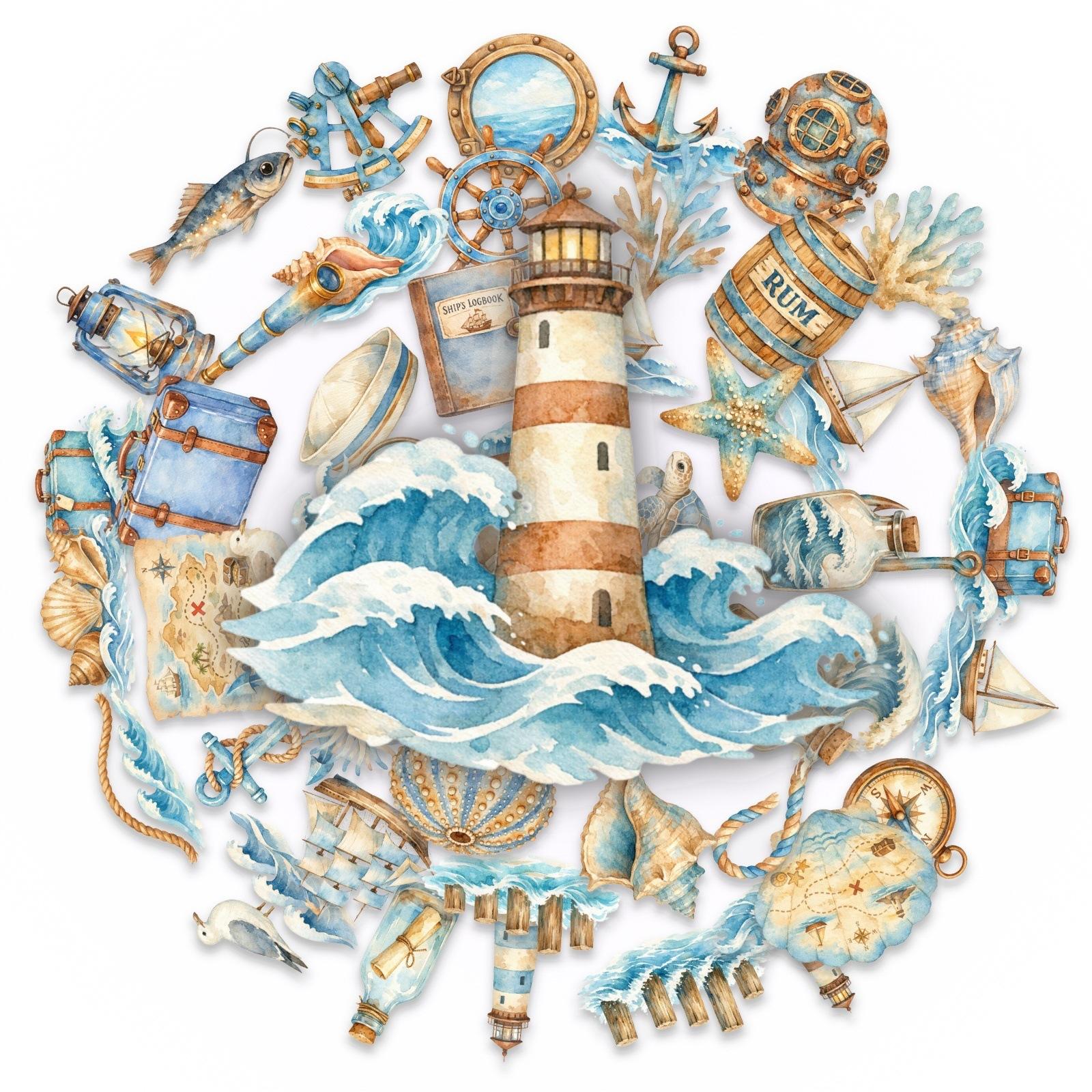 

50 Vintage Nautical Theme Transparent Pet Stickers Lighthouse Anchor Shell Hand Account Diy Material Stickers