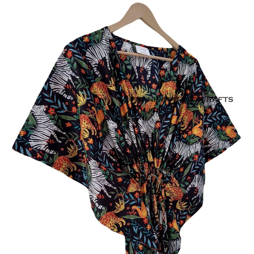 Women Cotton Black Summer Sleepwear Hippie Beach Cover Jungle Print Caftan Dress CKFTN-SCRN-FULL-BUYIT-180