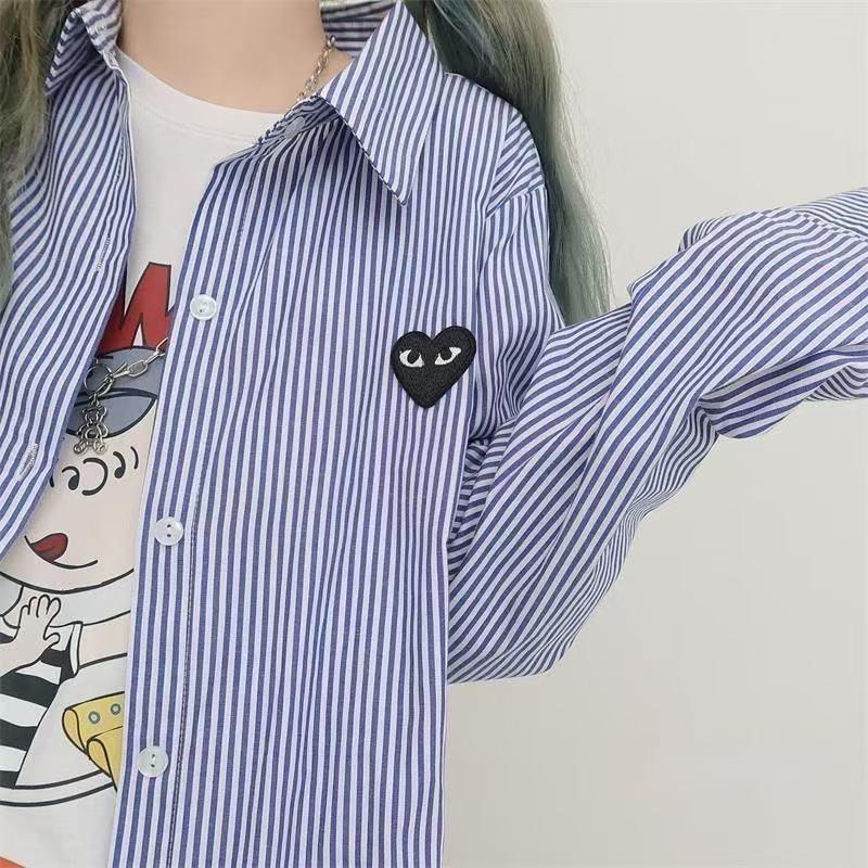 Japanese Heart Embroidered Striped Slim Fit Lapel Shirt - Versatile Long Sleeve for Spring & Autumn