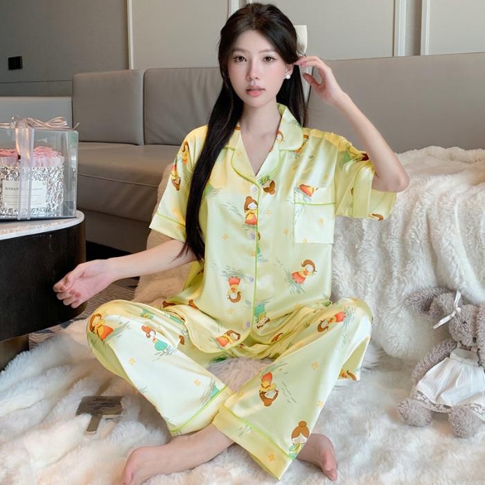 

Винтажный милый мультфильм Женский комплект пижамы для отдыха Лето Осень Пижамный комплект с отложным воротником Искусственный шелк Атлас Короткий рукав Женская пижама Домашняя одежда XXL