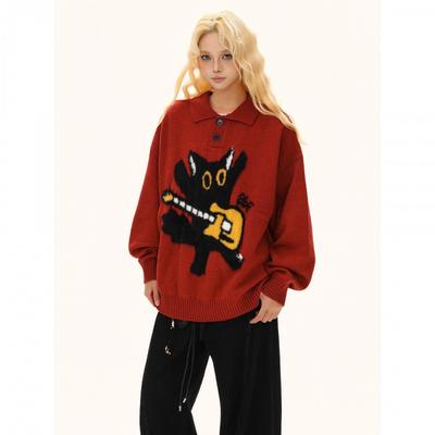 Vintage Katzen Jacquard Rollkragenpullover Unisex Lockerer Schnitt Lässiger Strickpullover Winter