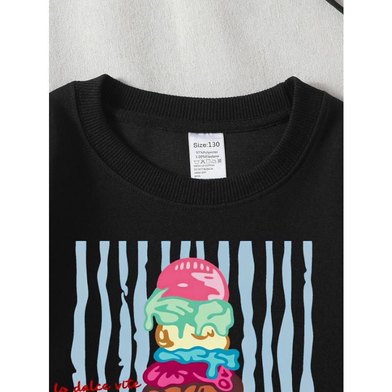 European Sizes Girls Crew Neck Sweatshirt Colorful Gelato Ice Cream Cone Print, Soft Cozy Pullover, Warm Casual for Autumn & Winter.