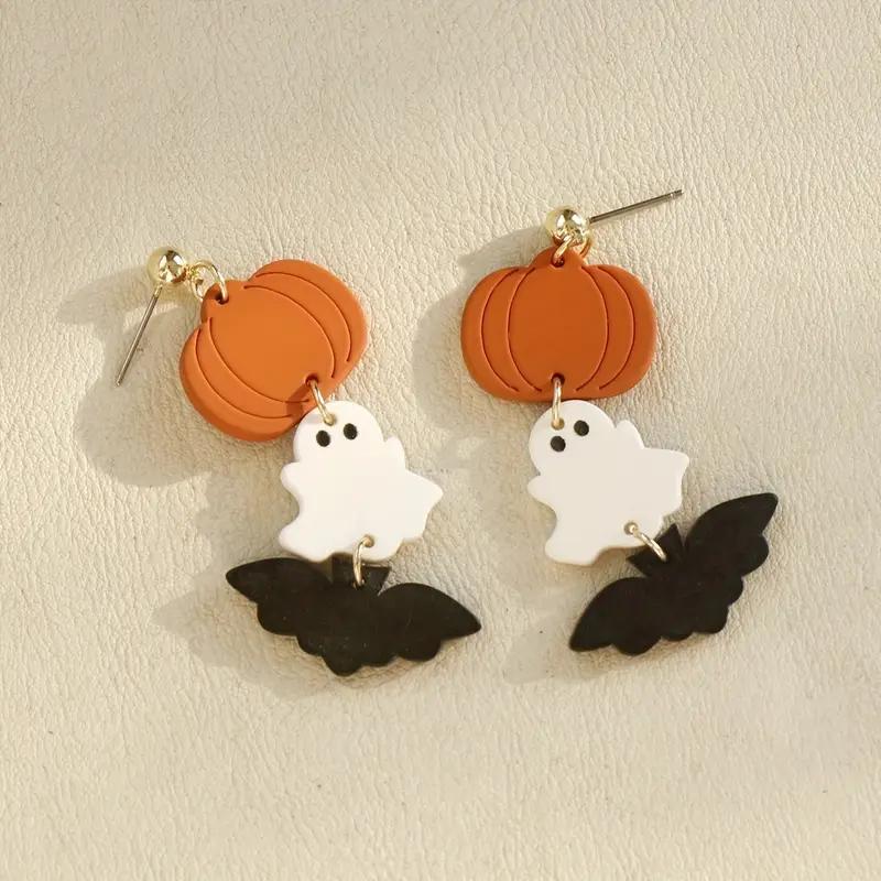 Halloween Ghost Bat Pumpkin Design Long Dangle Earrings for Women Cute Acrylic Trendy Party Jewelry Gifts