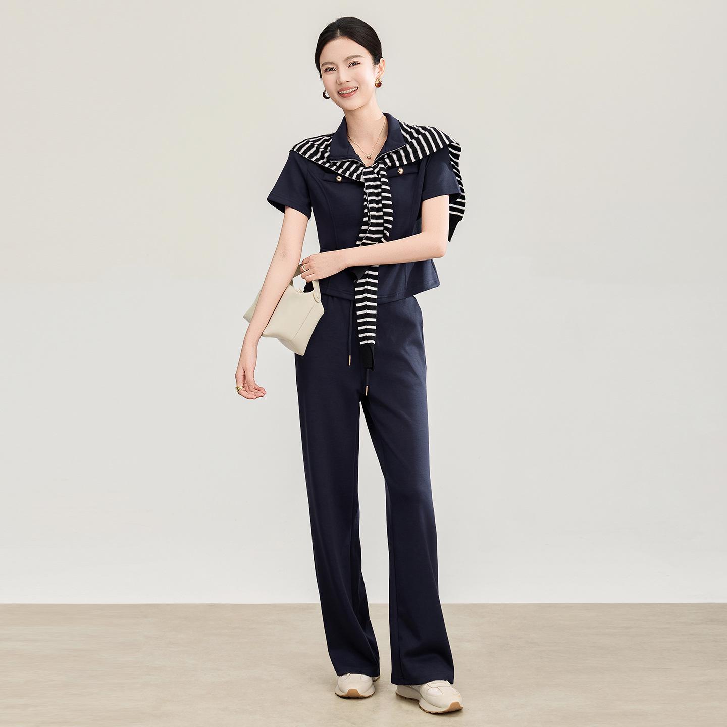 

Striped Shawl Jacket Top & Belted Elastic Waist Pants Set L темно-синий