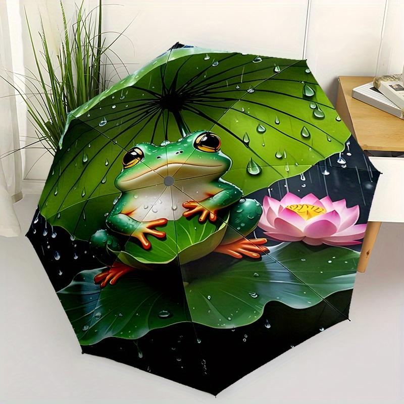 

Frog under a for Lotus Leaf - An 8-ribbed, plastic handle, auto-open folding umbrella, portable, ideal for shopping, travel, and daily use.