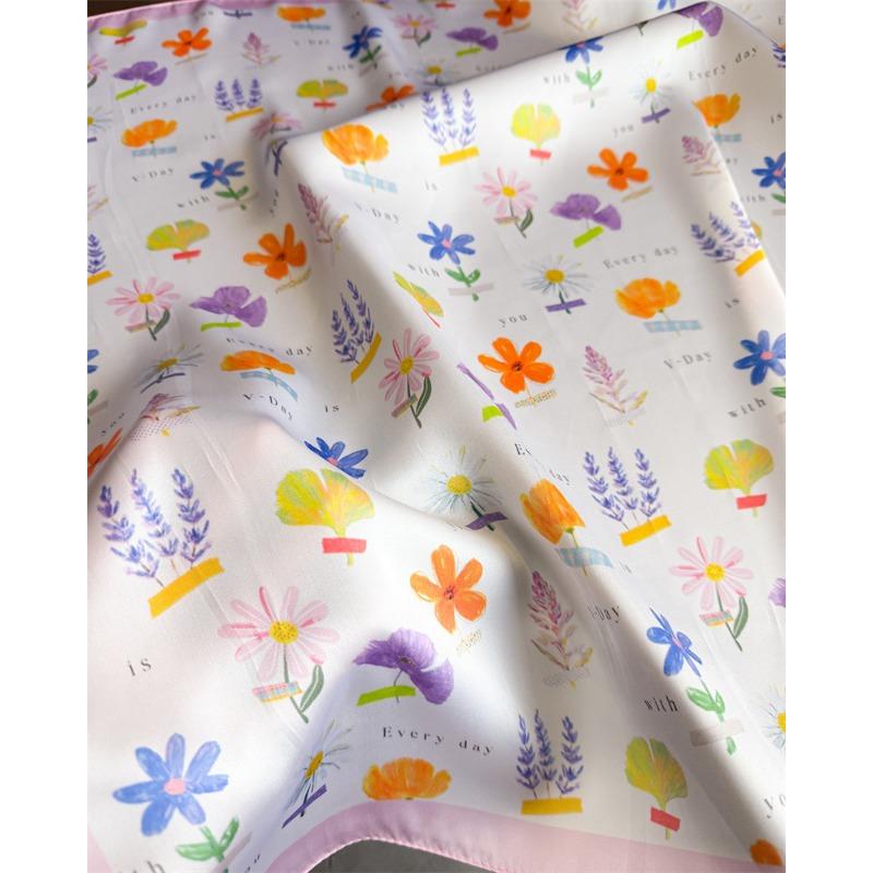 Korean Style Printed Silk Like Square Scarf For Women Sun Protection