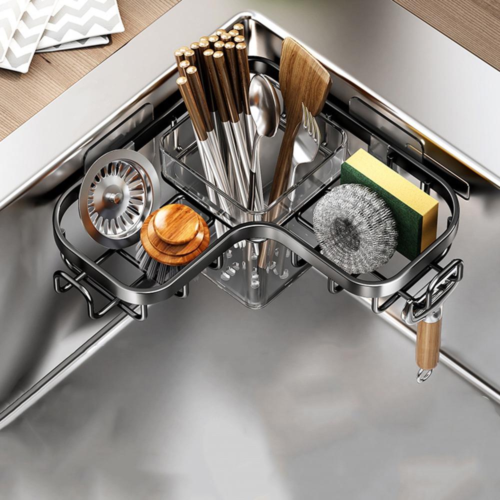 Carbon Steel Sink Drain Rack Wall Mounted Sponge Storage Basket Triangular Drainage Rack  for Home