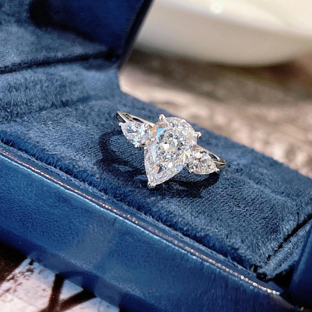 Teardrop Pear Shaped Simulated Moissanite & Zircon Three Stone Open Wedding Ring for Women