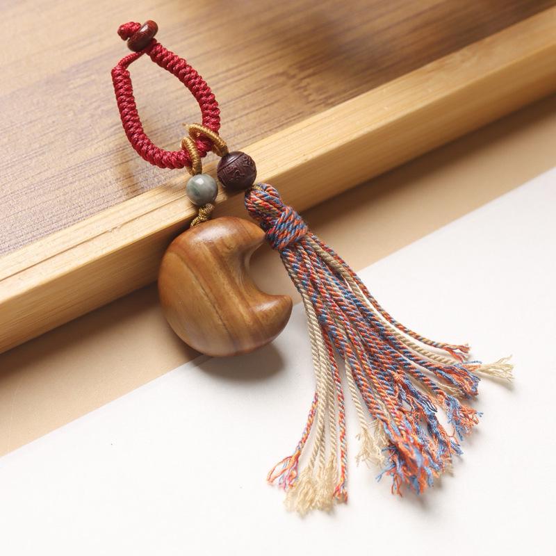 Handmade Green Sandalwood Woven Retro Keychain with Star & Moon Pendant