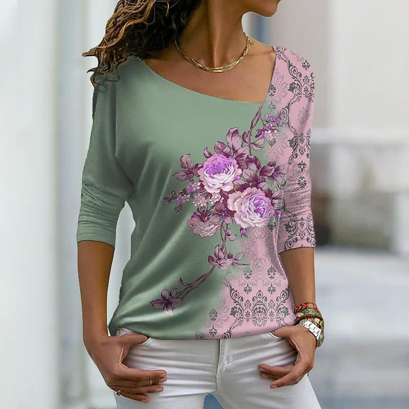 

Футболка с длинными рукавами и 3D-принтом с изображением розы на весну и лето, повседневная свободная женская футболка с косым вырезом 5XL