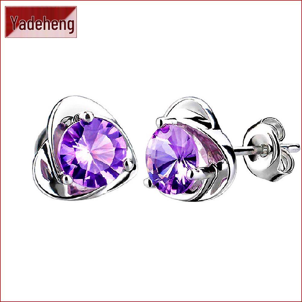 

European & American Purple Rhinestone Heart Earrings: Women s Sweet, Cool, Simple, Versatile, Exquisite Heart Studs. White Rhinestone