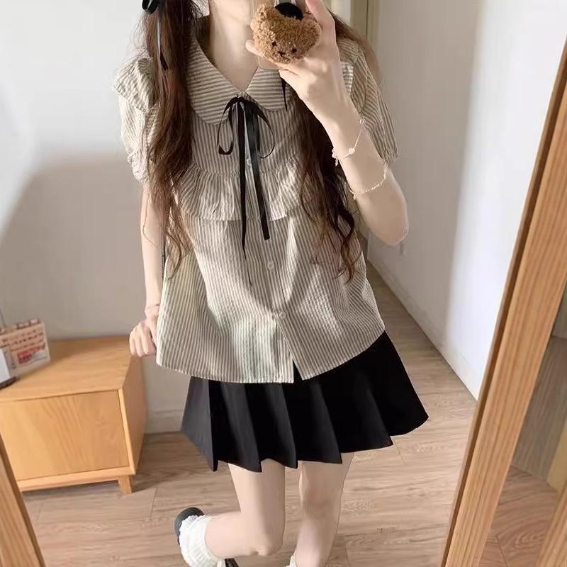 Women's Preppy Gray Striped Ruffle Puff Sleeve Two-Piece Set: Short-Sleeve Top and Skirt