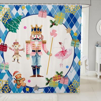 Vintage Farmhouse Christmas Diamond Shower Curtain with Cute Nutcracker Design, Waterproof Xmas Gift Bathroom Decor for Holiday