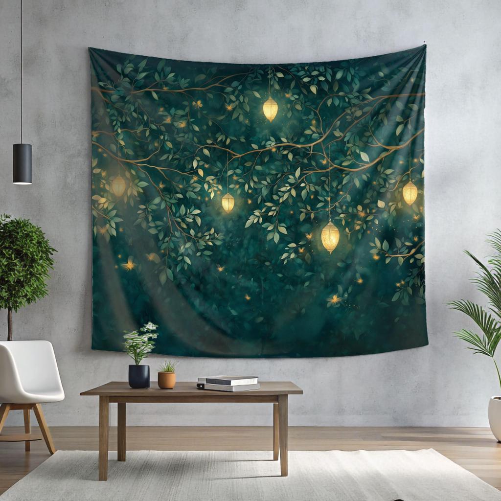 Retro Ink Green Lantern Forest Tapestry Forest Oil Painting Style Background Cloth Living Room Healing Room Decoration