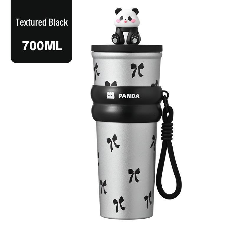 Cartoon Panda Stainless Steel Thermos Cup - Large Capacity Travel Mug with Straw