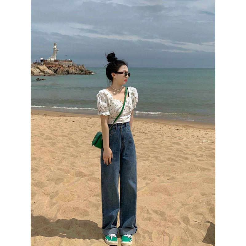 

Stylish Fold Floral Short-Sleeved Shirt Women s Summer Niche Style French Fancy Small High Waist Crop Top Picture color [high quality]] S