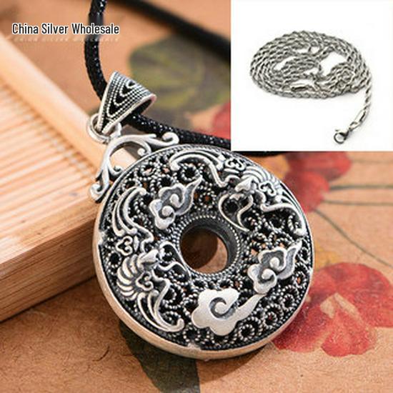 Sterling Silver S999 Unisex Auspicious Cloud & Bat Necklace - Retro Good Luck Peace Buckle Pendant.