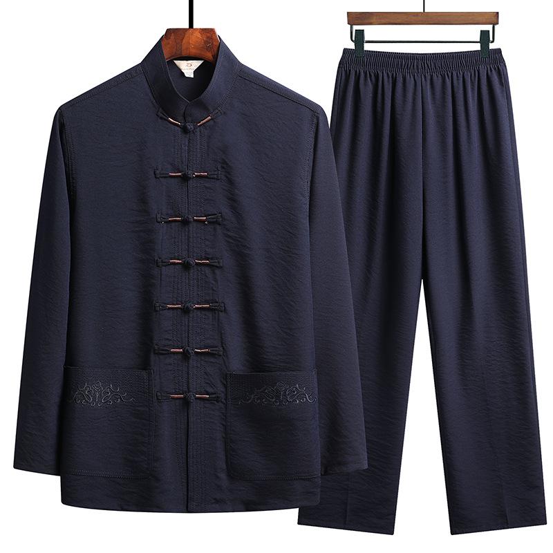 Men's Chinese Style Tang Suit Set – Long Sleeve for Elderly (Spring/Fall) & Short Sleeve for Middle-Aged Dads (Summer).