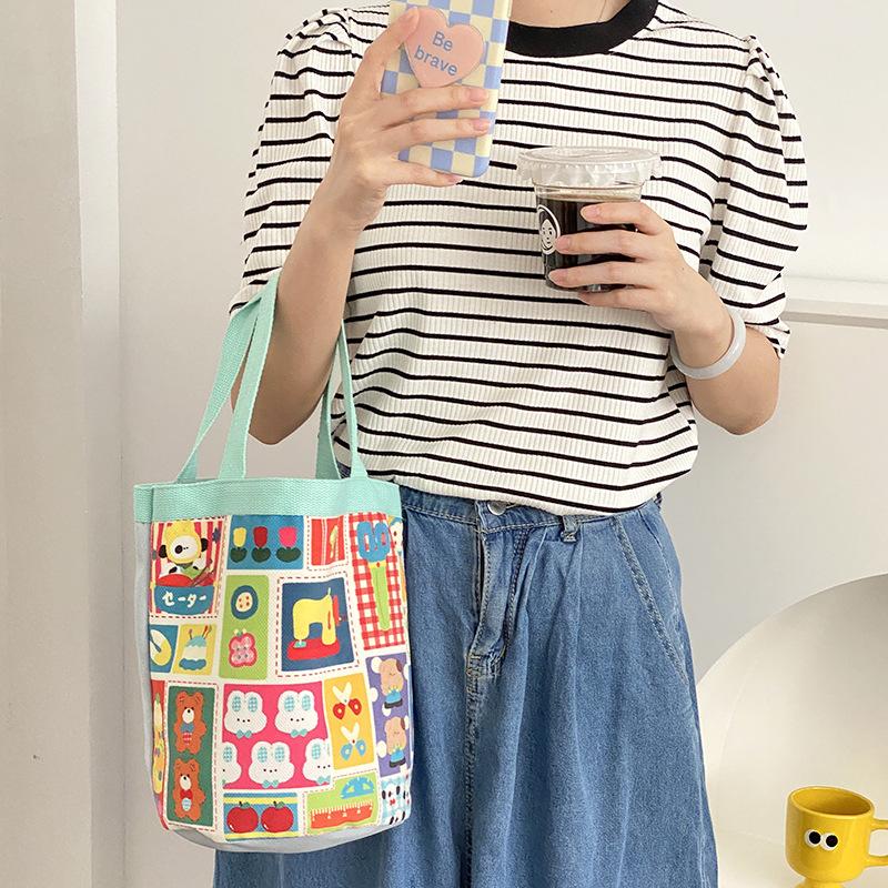 Baumwoll-Canvas Damen Kleine Handtasche Kawaii Mädchen Niedliche Bucket Bag Lunchbox Picknick Tragetasche Abendessen Behälter Lebensmittel Aufbewahrungsbeutel Für Dame