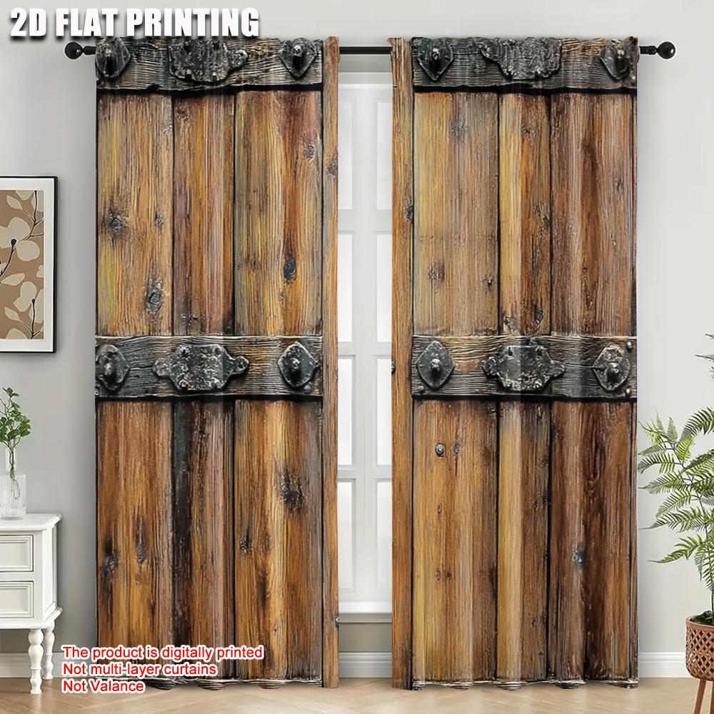 Set Of 2 Vintage Curtain Popular Plane Printing Barn Wooden Door Wood Textured Background Fabric Without Rod With Thermal Polyester