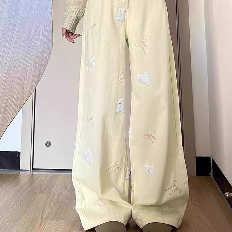 Damenjeans mit Bärenstickerei im amerikanischen Stil - Frühling/Sommer Hochtailliertes, schlankmachendes Design Gerades Bein Lange Hose