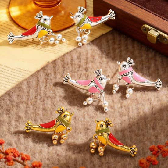 1 Pair Oil Dripping Bird Stud Earrings Hypoallergenic Alloy Enamel Red Bird Bell Earrings Lightweight Women Girls Earrings Fashion Jewelry