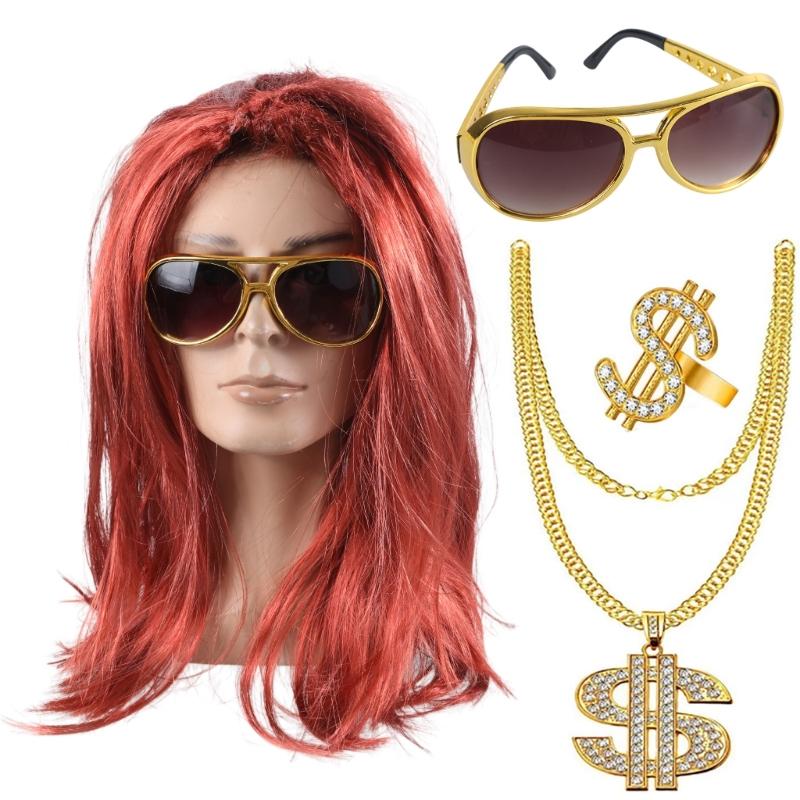 Men's 80s Disco Costume Accessories Set Women Hippie Costume Set Curly Wig Necklace Sunglasses for Disco Theme Party