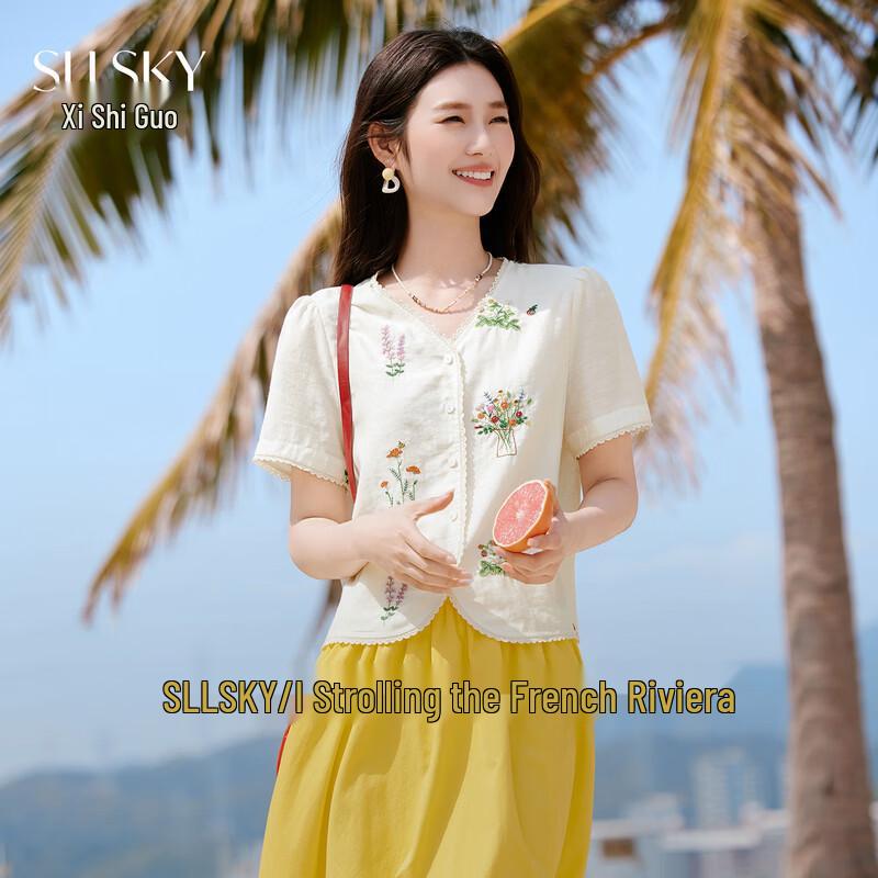 Sllsky Women s Embroidered Linen Blend V-Neck Short Sleeve Shirt S