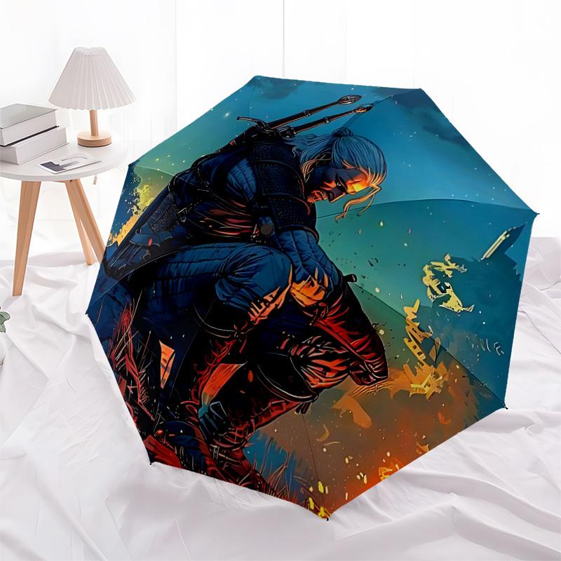 1pc The Witcher Automatic Umbrella 8 Rib Portable Folding Black Iron Frame for Outdoor, Beach, Travel, Beach Umbrella 209